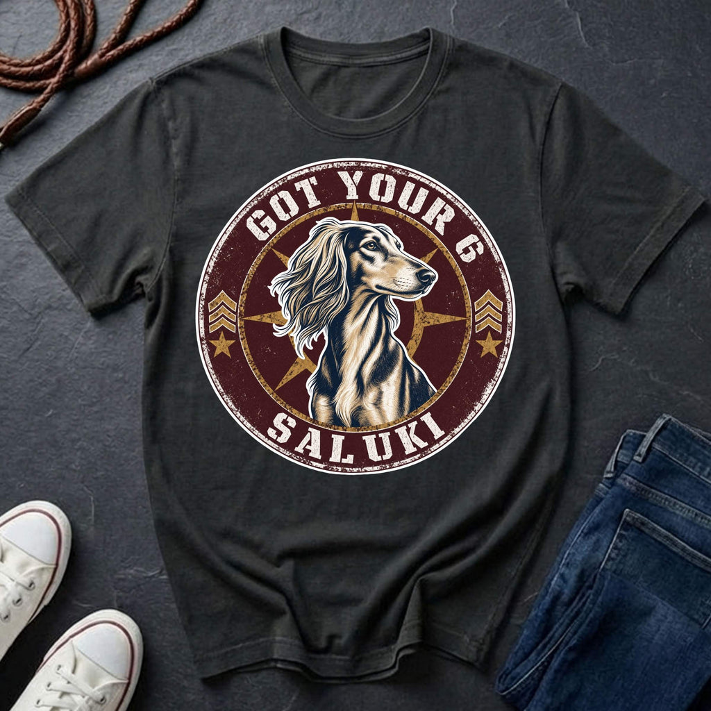 Saluki Got Your 6 t-shirt design featuring tactical badge with elegant sighthound bust on a black Comfort Colors tee