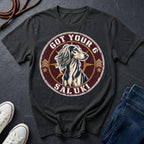 Saluki Got Your 6 t-shirt design featuring tactical badge with elegant sighthound bust on a black Comfort Colors tee
