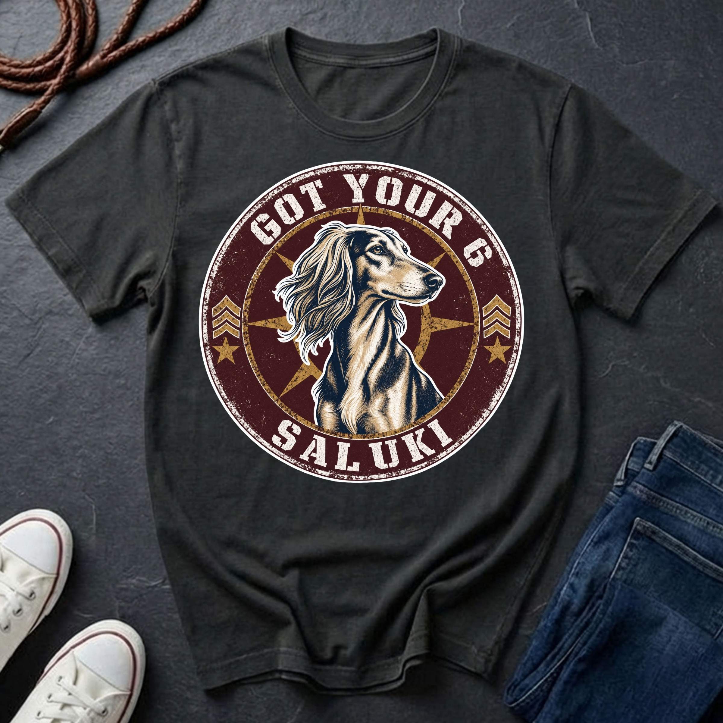 Saluki Got Your 6 t-shirt design featuring tactical badge with elegant sighthound bust on a black Comfort Colors tee