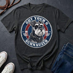 Miniature Schnauzer Got Your 6 t-shirt design featuring tactical badge with alert Schnauzer bust on a black Comfort Colors tee