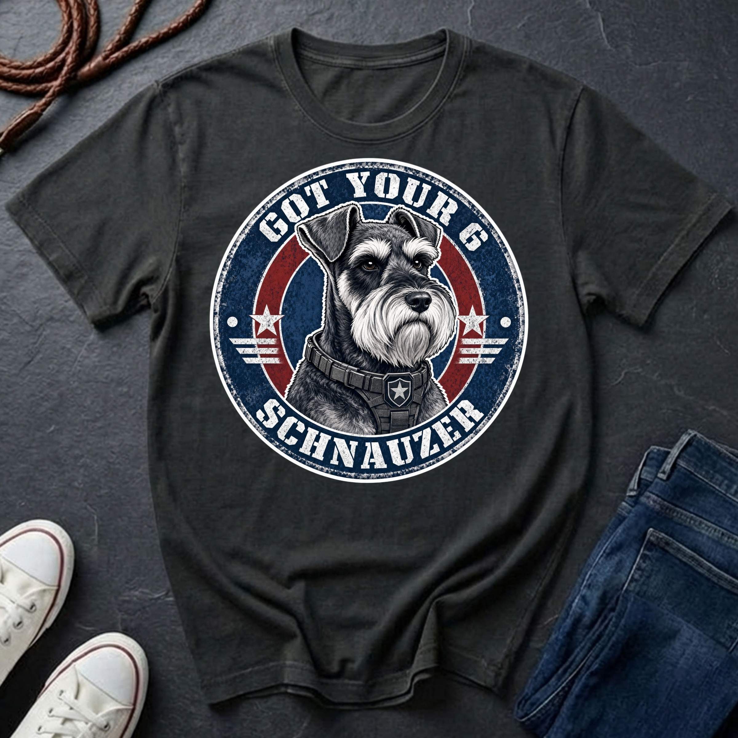 Miniature Schnauzer Got Your 6 t-shirt design featuring tactical badge with alert Schnauzer bust on a black Comfort Colors tee