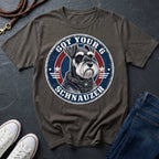 Miniature Schnauzer Got Your 6 t-shirt design featuring tactical badge with alert Schnauzer bust on a pepper Comfort Colors tee