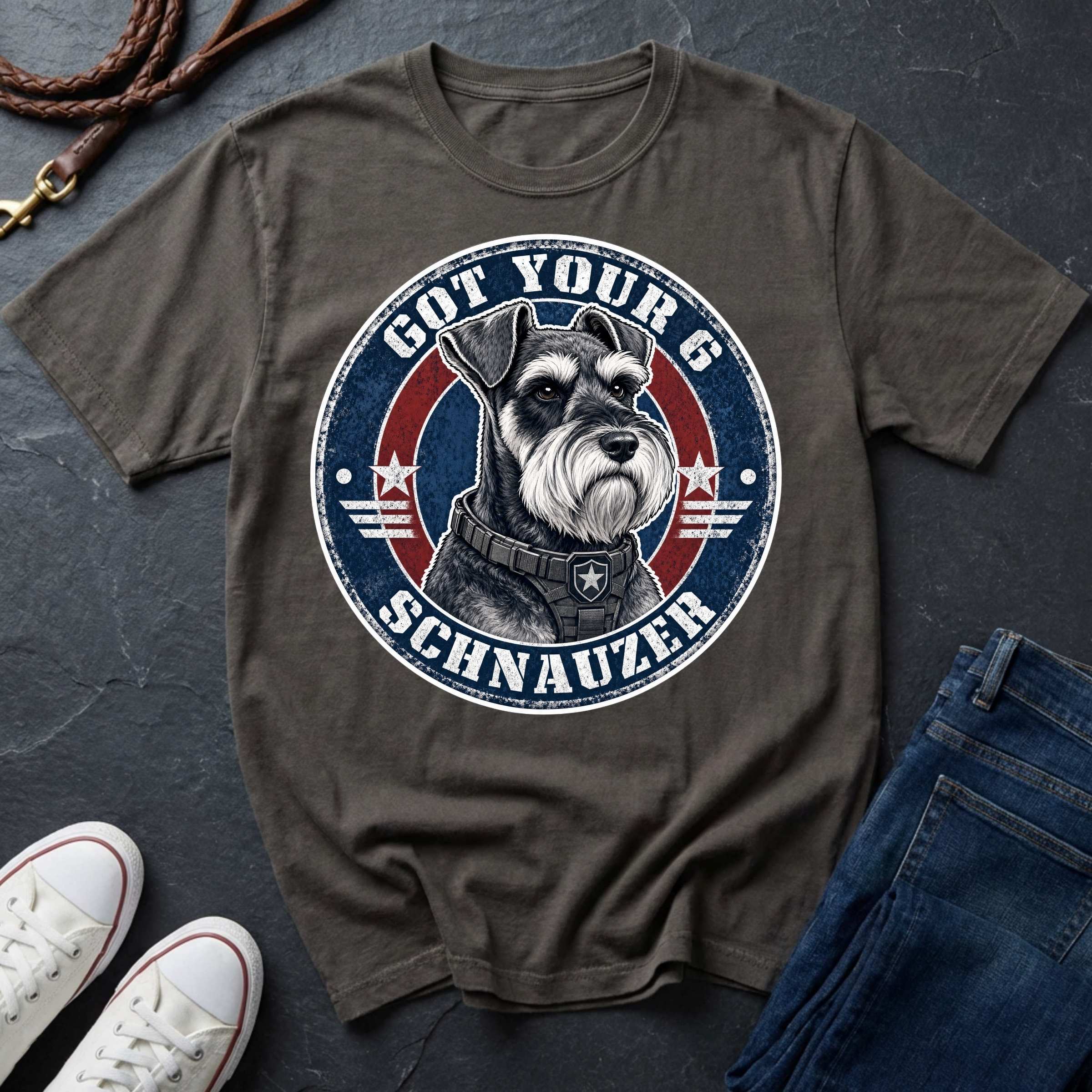 Miniature Schnauzer Got Your 6 t-shirt design featuring tactical badge with alert Schnauzer bust on a pepper Comfort Colors tee