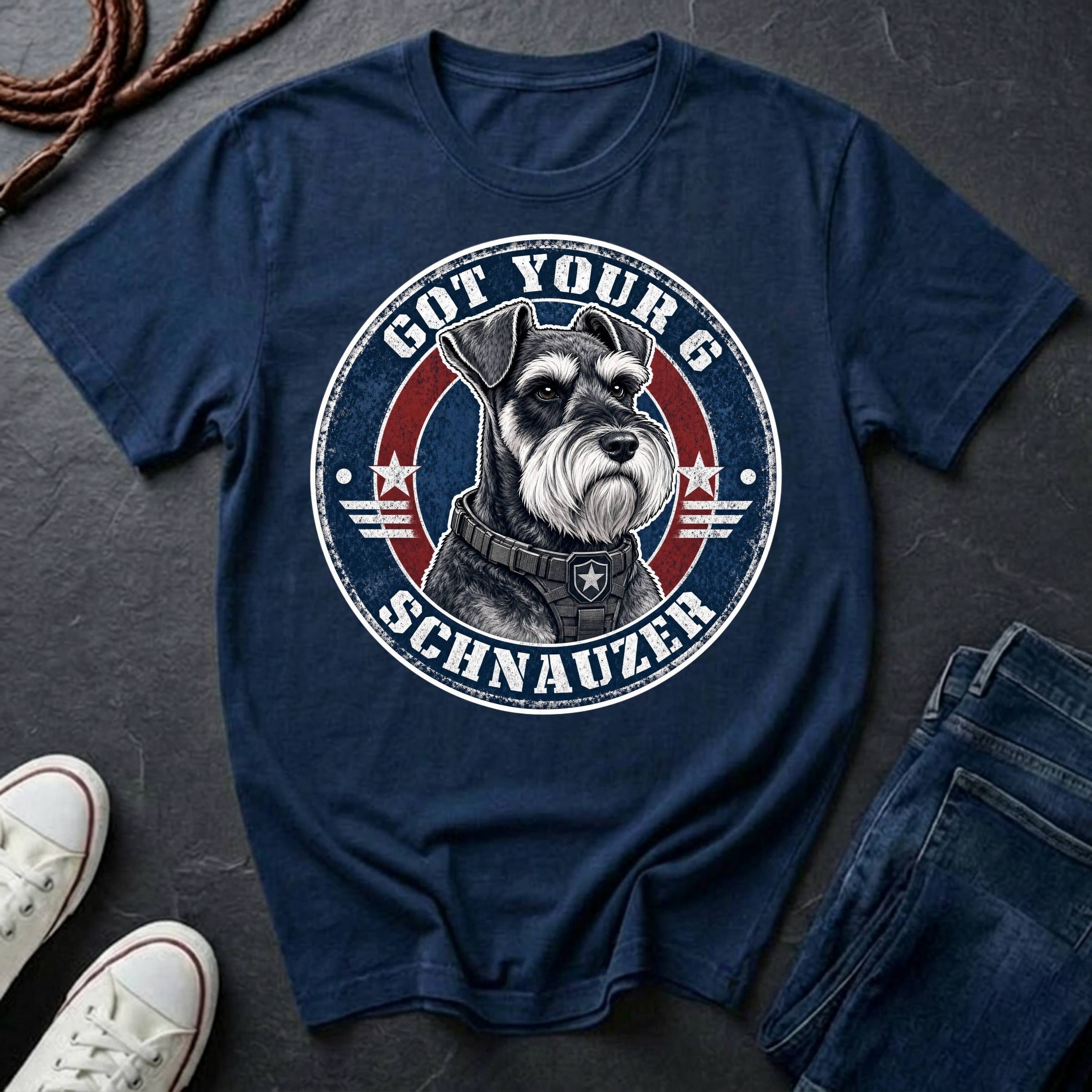 Miniature Schnauzer Got Your 6 t-shirt design featuring tactical badge with alert Schnauzer bust on a navy Comfort Colors tee