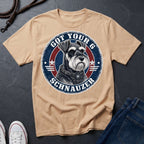 Miniature Schnauzer Got Your 6 t-shirt design featuring tactical badge with alert Schnauzer bust on a ivory Comfort Colors tee