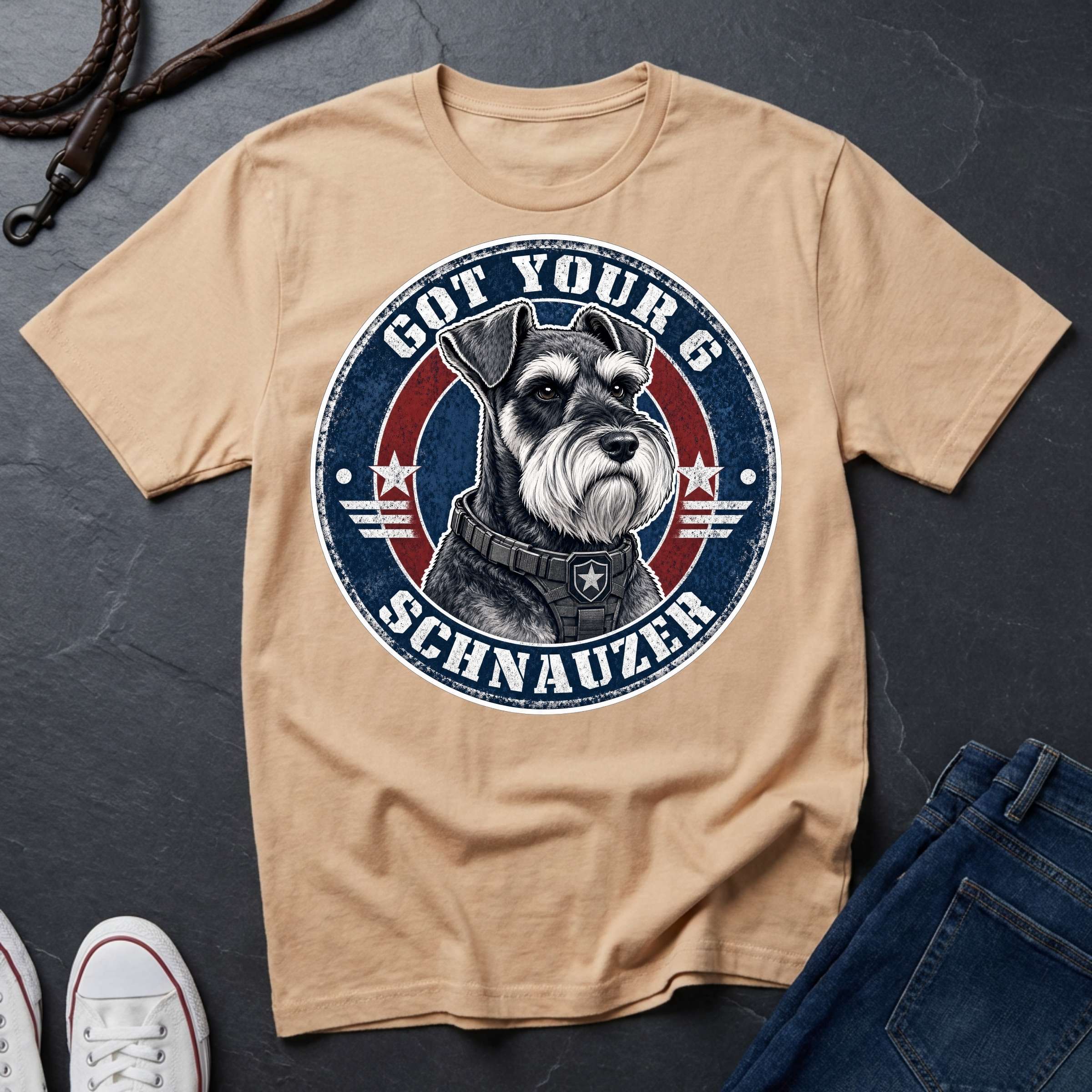 Miniature Schnauzer Got Your 6 t-shirt design featuring tactical badge with alert Schnauzer bust on a ivory Comfort Colors tee