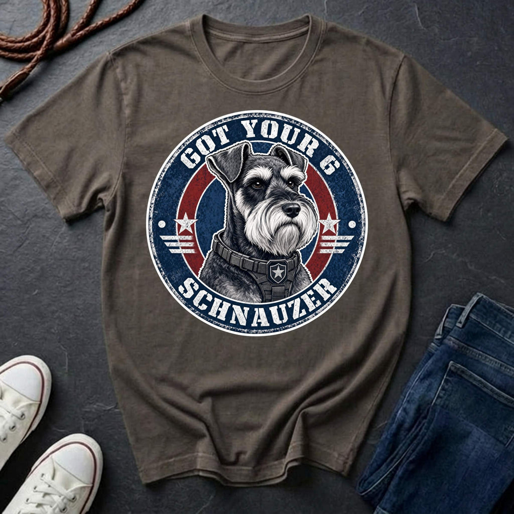 Miniature Schnauzer Got Your 6 t-shirt design featuring tactical badge with alert Schnauzer bust on a grey Comfort Colors tee