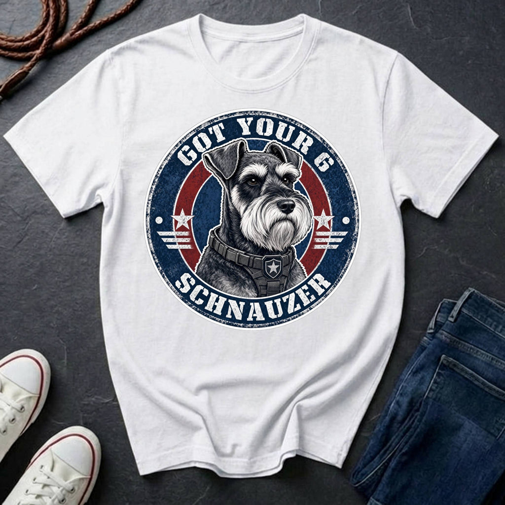 Miniature Schnauzer Got Your 6 t-shirt design featuring tactical badge with alert Schnauzer bust on a white Comfort Colors tee
