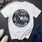 Miniature Schnauzer Got Your 6 t-shirt design featuring tactical badge with alert Schnauzer bust on a white Comfort Colors tee