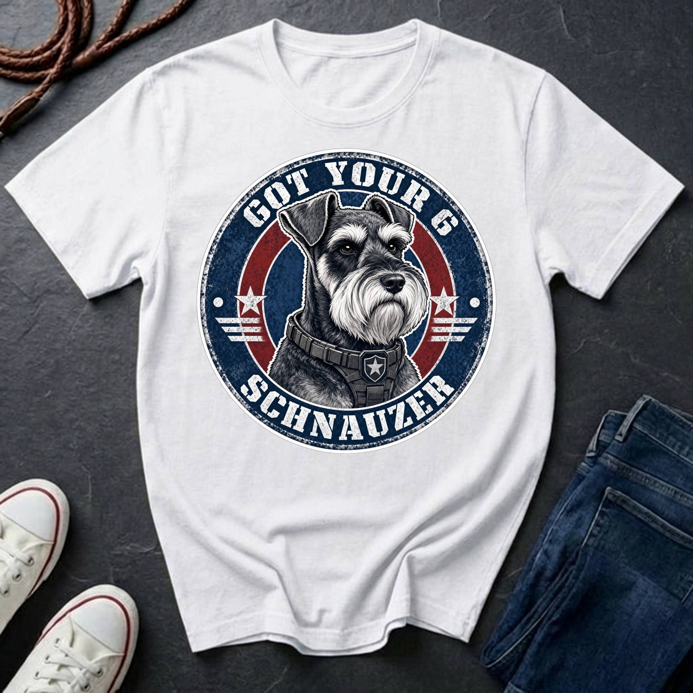 Miniature Schnauzer Got Your 6 t-shirt design featuring tactical badge with alert Schnauzer bust on a white Comfort Colors tee
