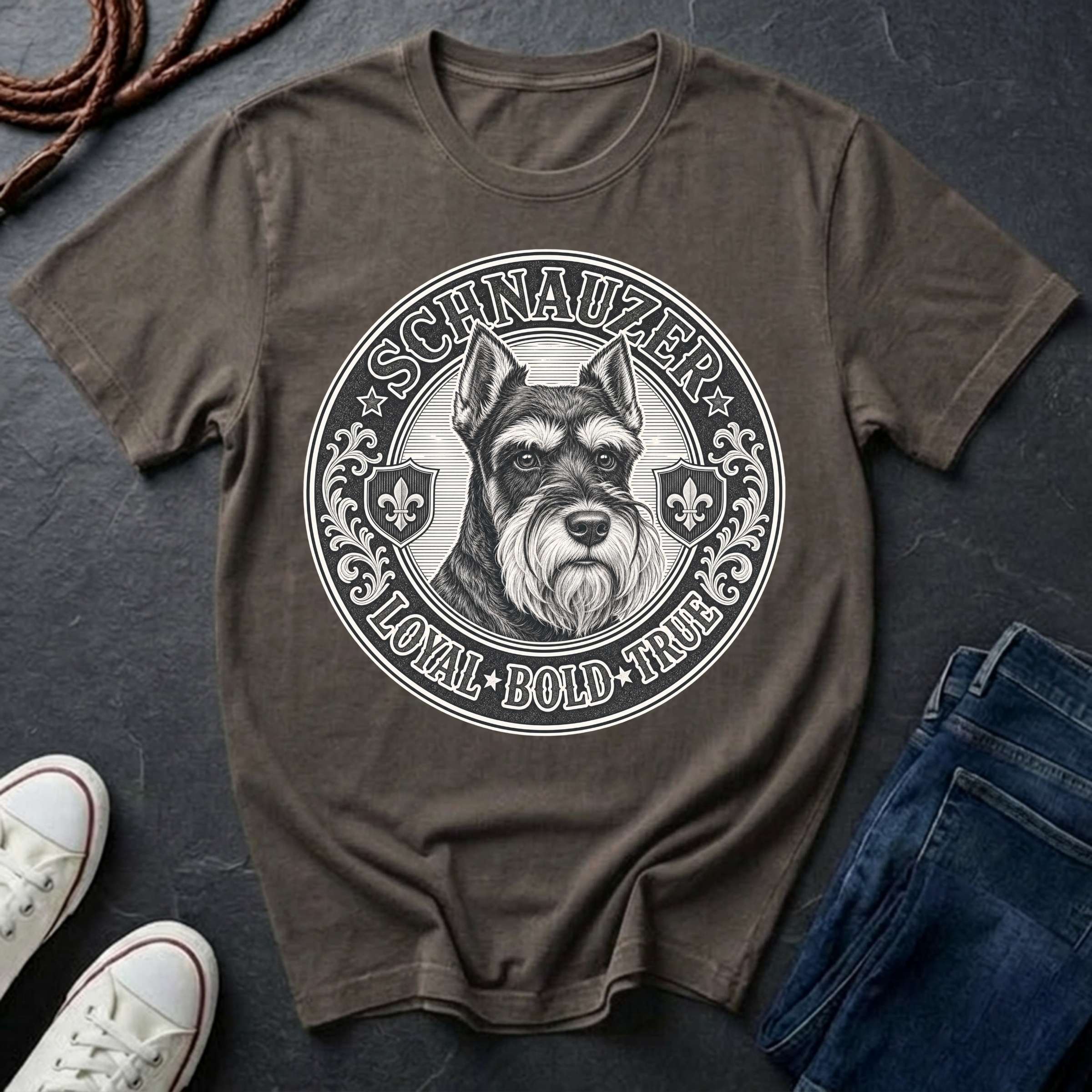 Miniature Schnauzer Heritage Badge t-shirt design featuring vintage crest emblem with bearded Schnauzer portrait on grey Comfort Colors tee