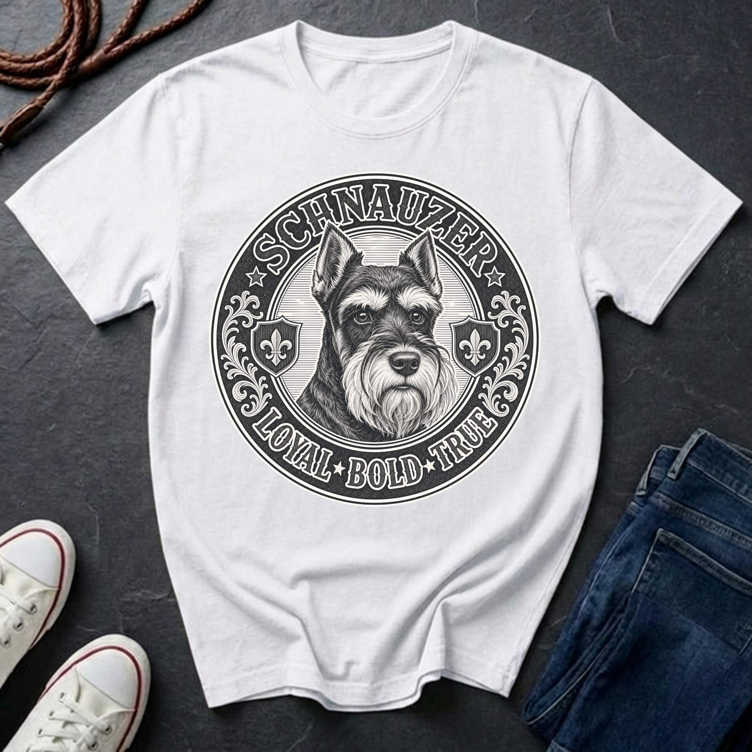 Miniature Schnauzer Heritage Badge t-shirt design featuring vintage crest emblem with bearded Schnauzer portrait on white Comfort Colors tee