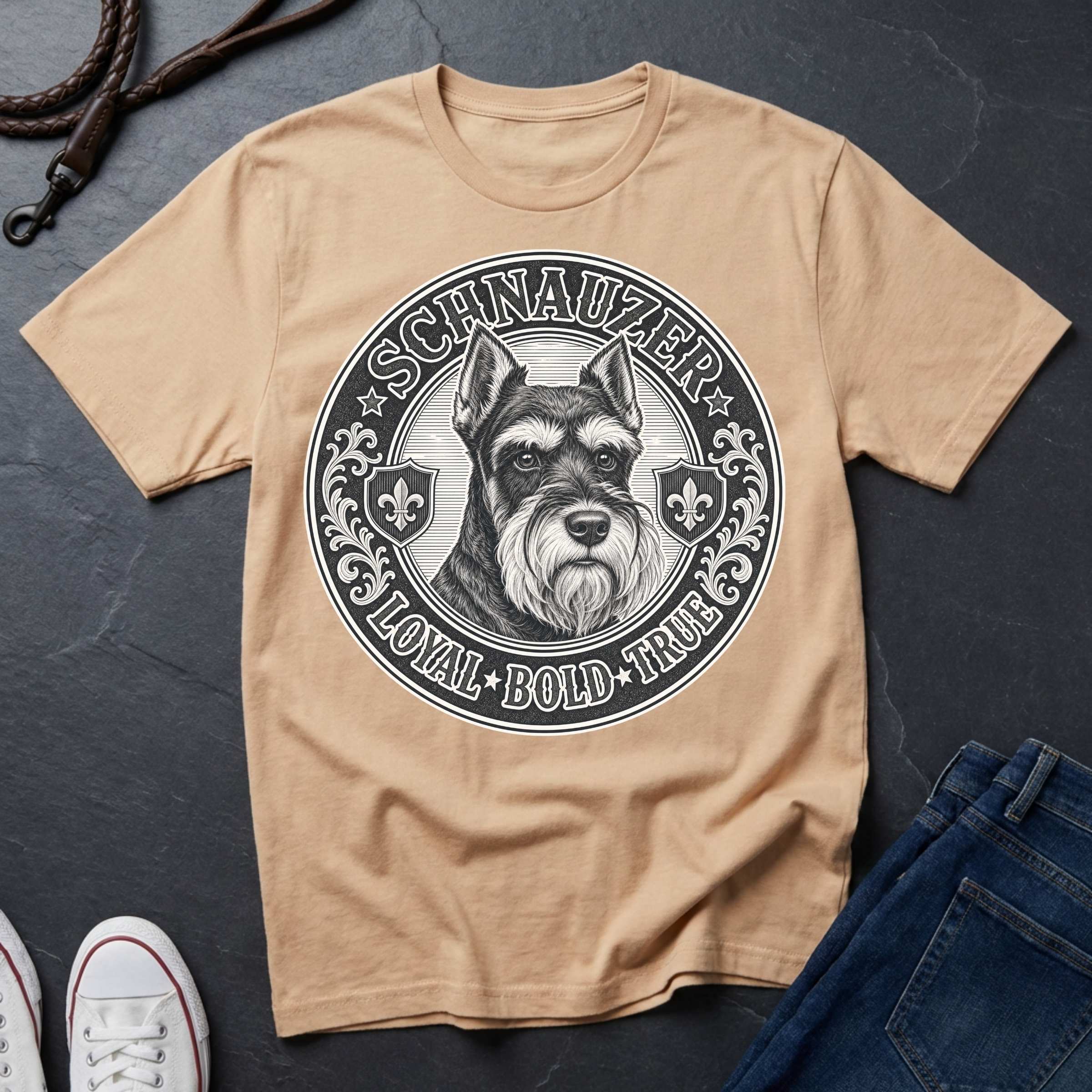 Miniature Schnauzer Heritage Badge t-shirt design featuring vintage crest emblem with bearded Schnauzer portrait on ivory Comfort Colors tee