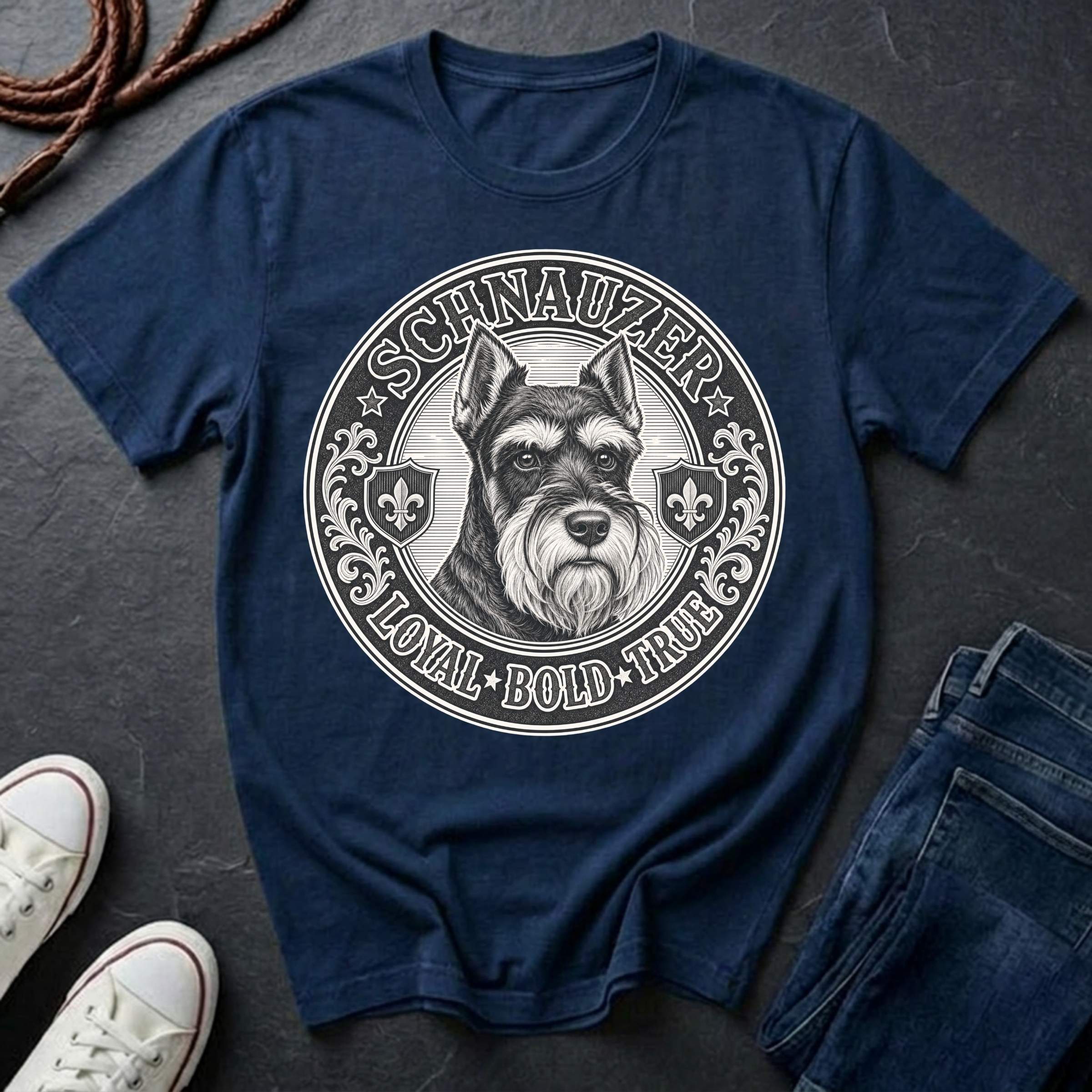 Miniature Schnauzer Heritage Badge t-shirt design featuring vintage crest emblem with bearded Schnauzer portrait on navy Comfort Colors tee