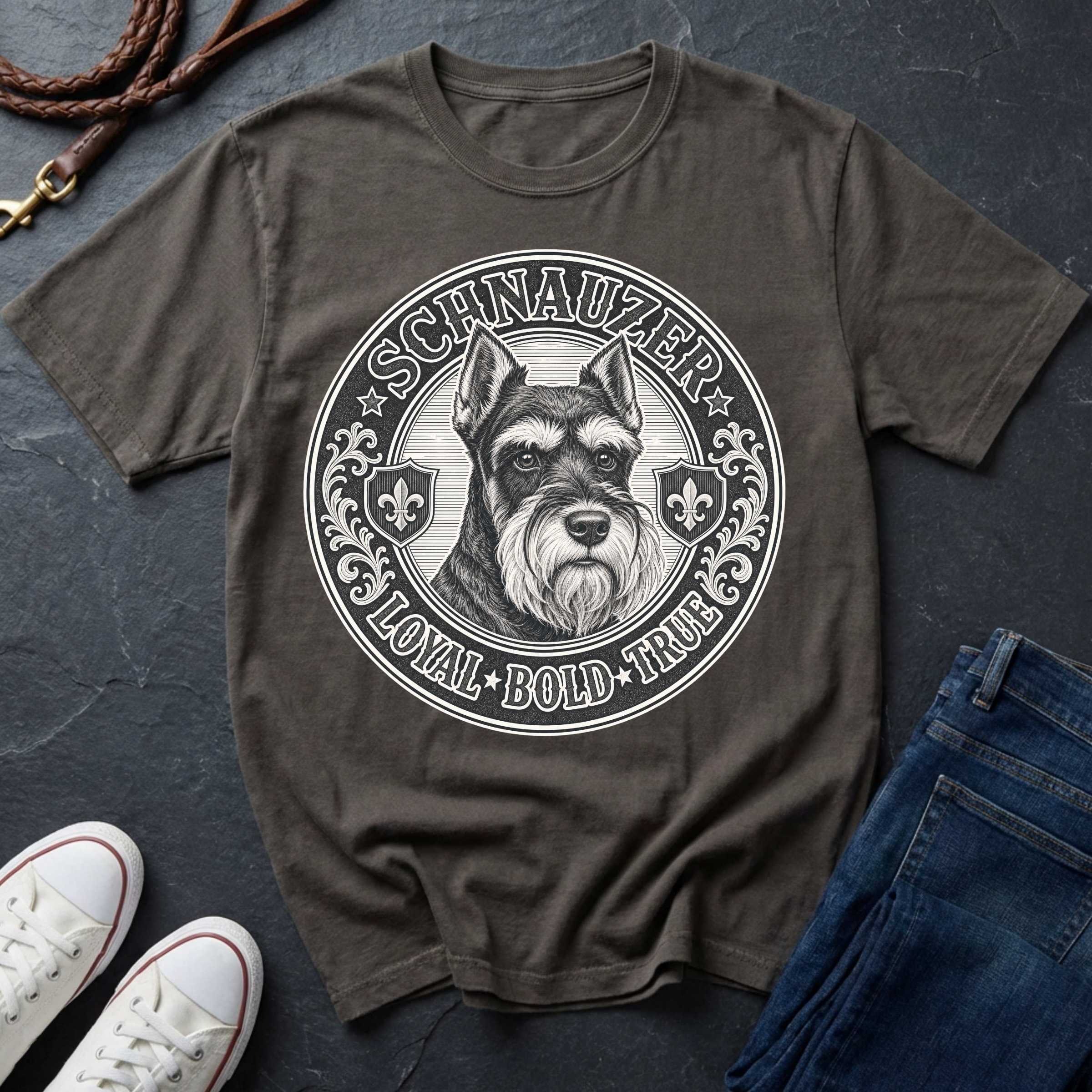 Miniature Schnauzer Heritage Badge t-shirt design featuring vintage crest emblem with bearded Schnauzer portrait on pepper Comfort Colors tee