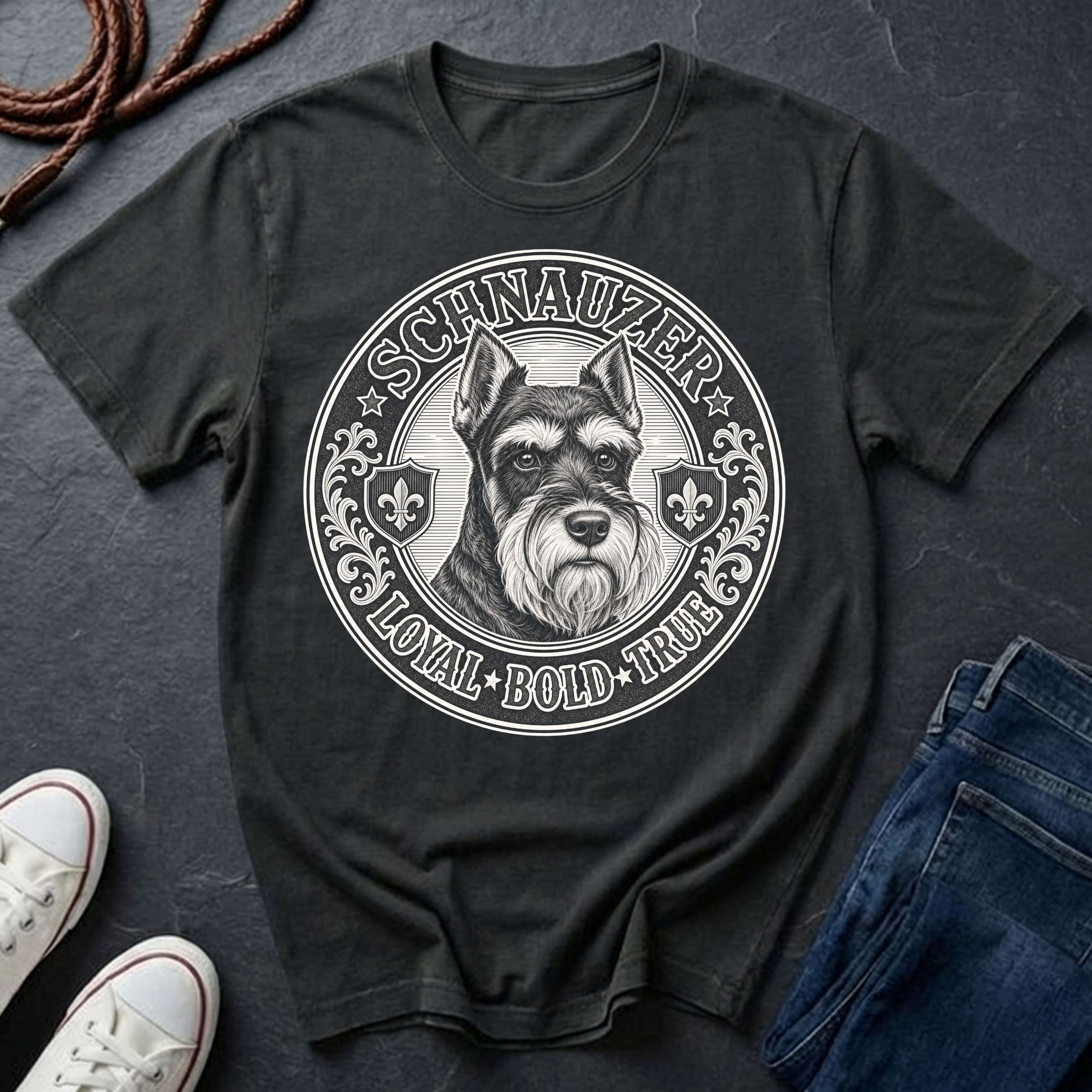 Miniature Schnauzer Heritage Badge t-shirt design featuring vintage crest emblem with bearded Schnauzer portrait on black Comfort Colors tee