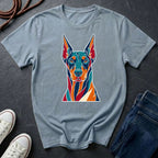 Doberman Pop Art t-shirt design featuring colorful graphic dog portrait on chambray Comfort Colors tee