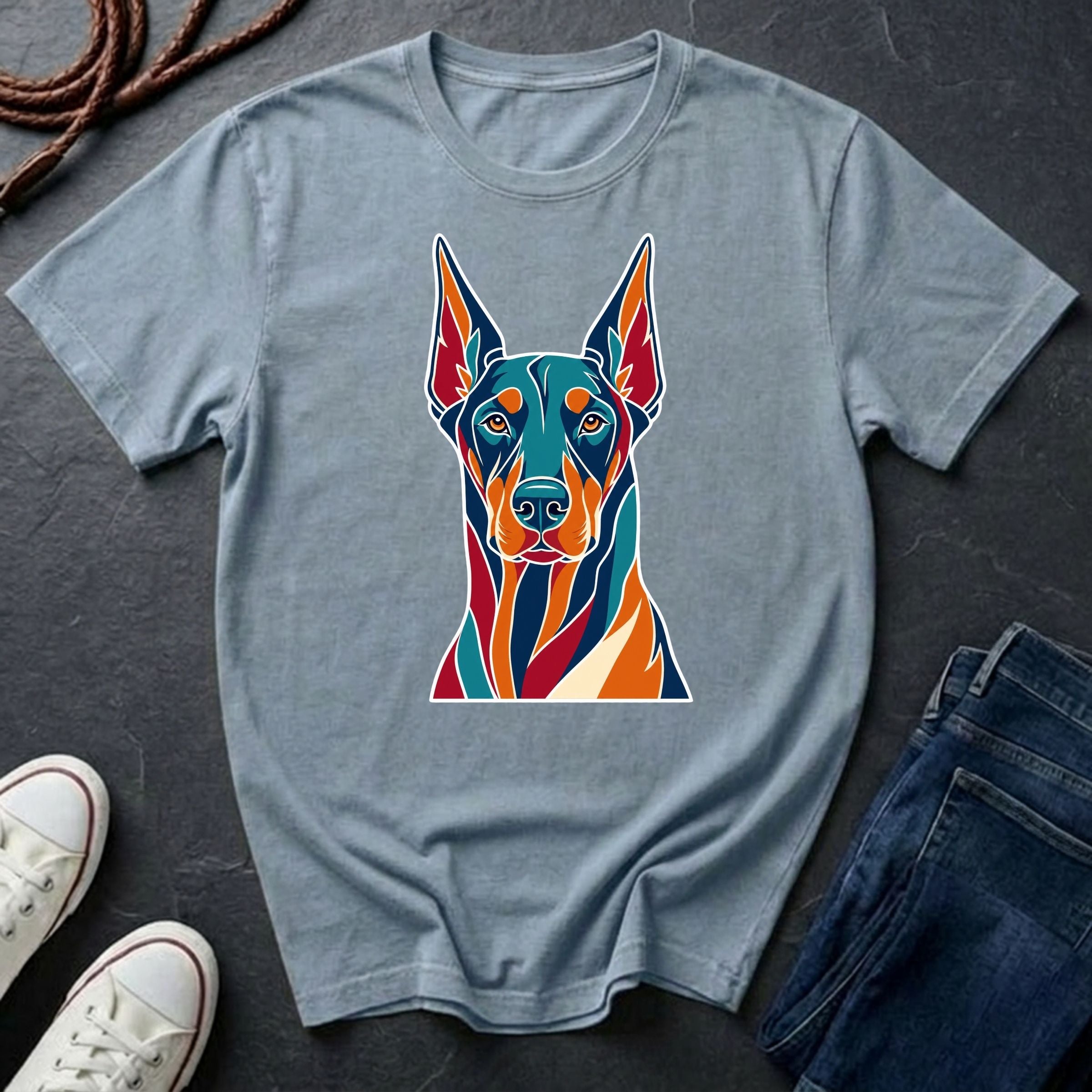 Doberman Pop Art t-shirt design featuring colorful graphic dog portrait on chambray Comfort Colors tee