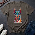 Doberman Pop Art t-shirt design featuring colorful graphic dog portrait on grey Comfort Colors tee
