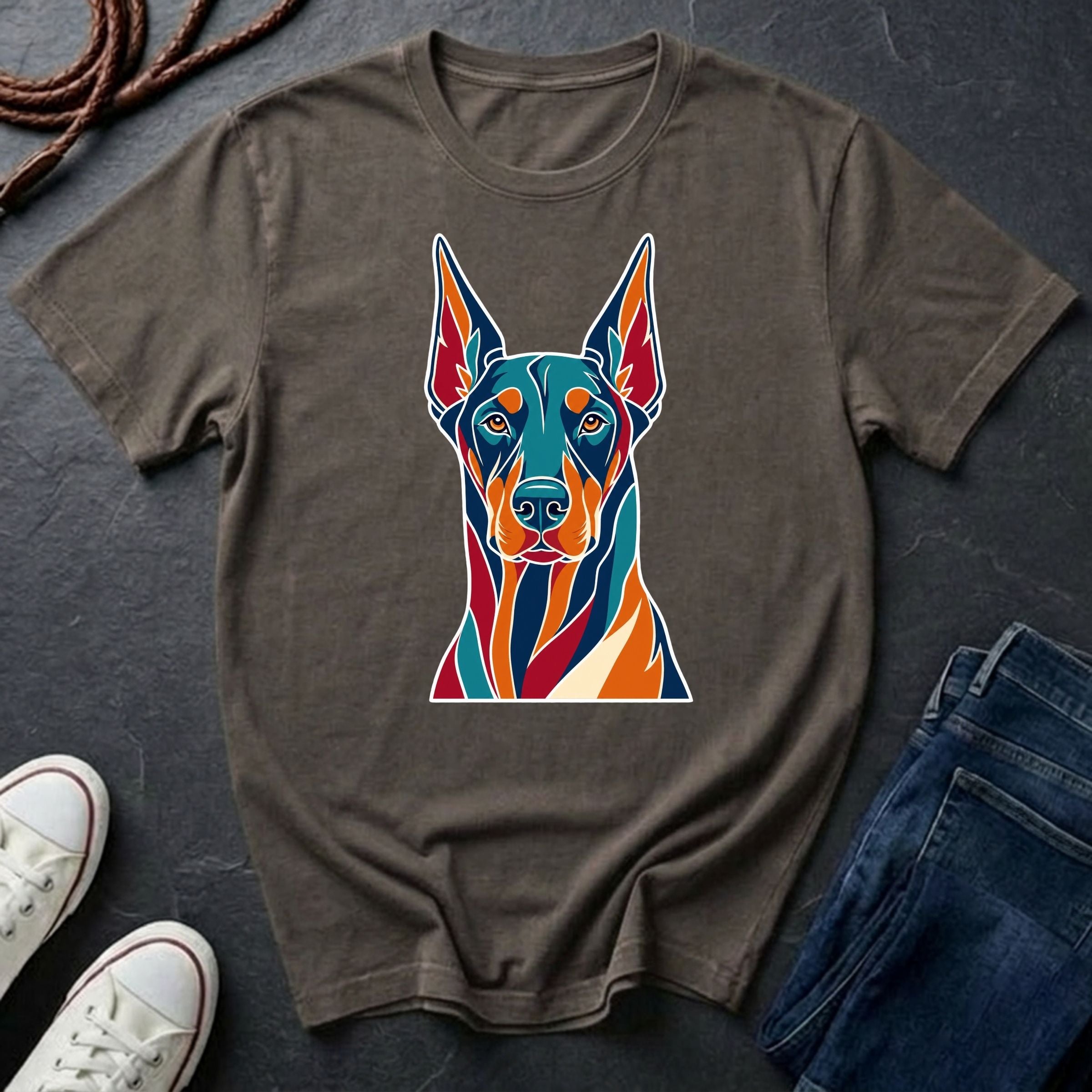 Doberman Pop Art t-shirt design featuring colorful graphic dog portrait on grey Comfort Colors tee