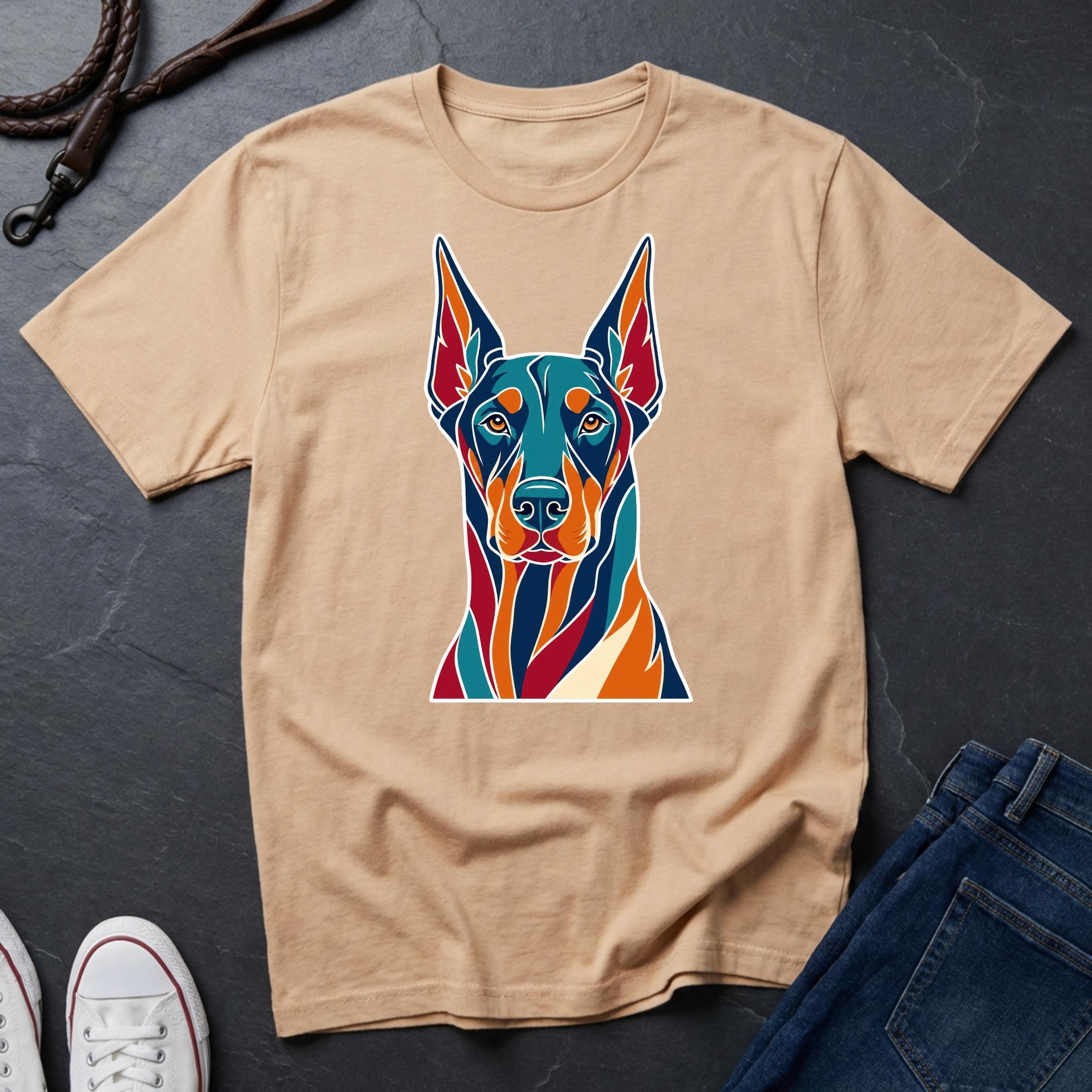 Doberman Pop Art t-shirt design featuring colorful graphic dog portrait on ivory Comfort Colors tee