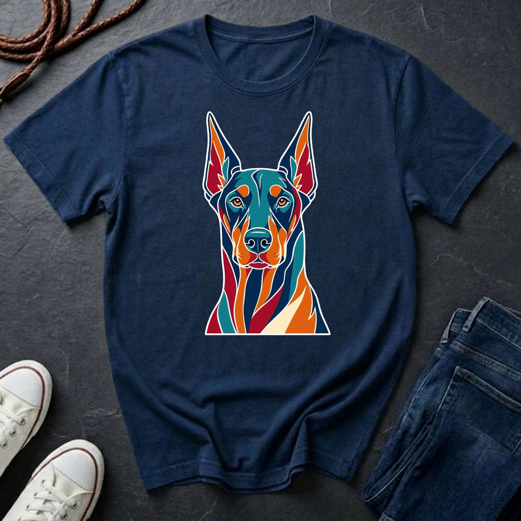 Doberman Pop Art t-shirt design featuring colorful graphic dog portrait on navy Comfort Colors tee