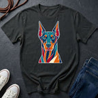 Doberman Pop Art t-shirt design featuring colorful graphic dog portrait on Black Comfort Colors tee