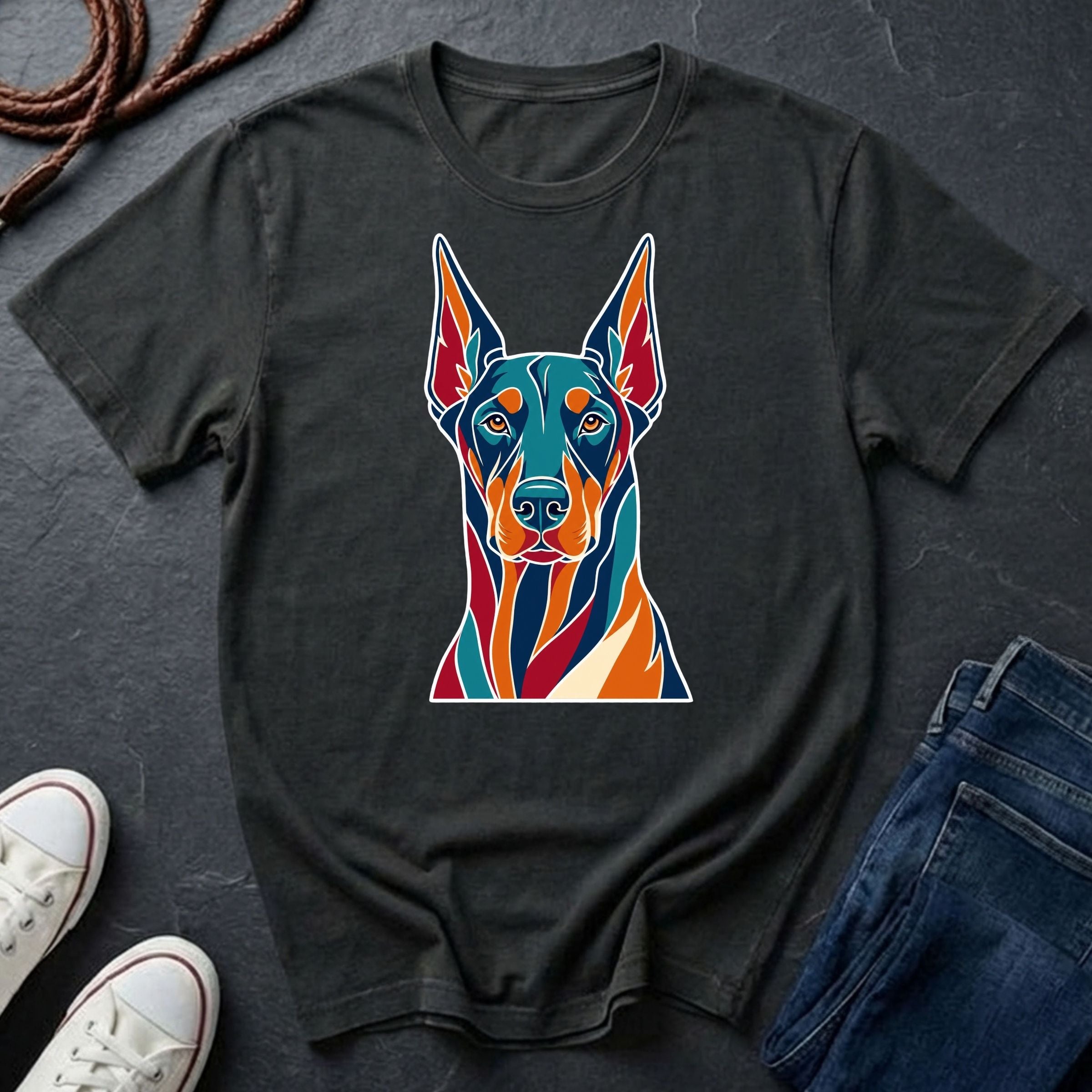 Doberman Pop Art t-shirt design featuring colorful graphic dog portrait on Black Comfort Colors tee