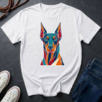 Doberman Pop Art t-shirt design featuring colorful graphic dog portrait on white Comfort Colors tee
