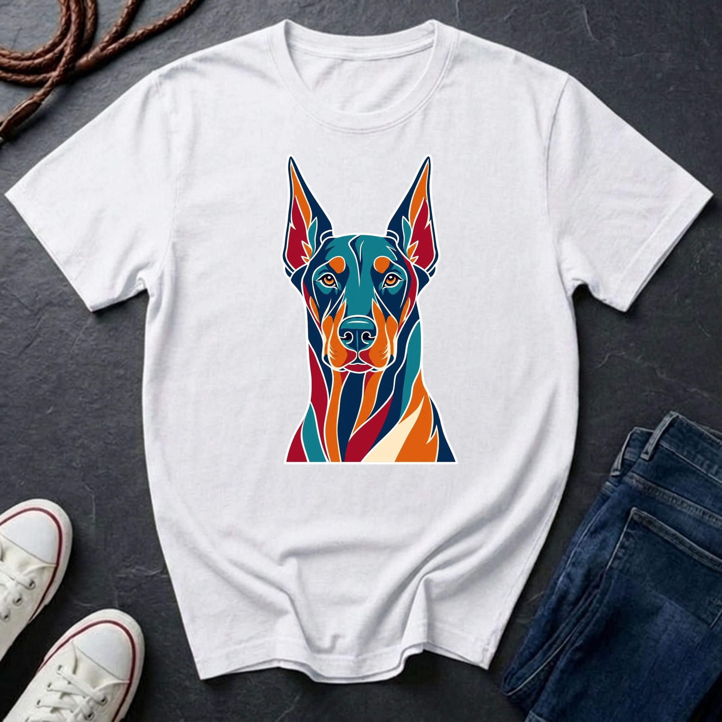 Doberman Pop Art t-shirt design featuring colorful graphic dog portrait on white Comfort Colors tee