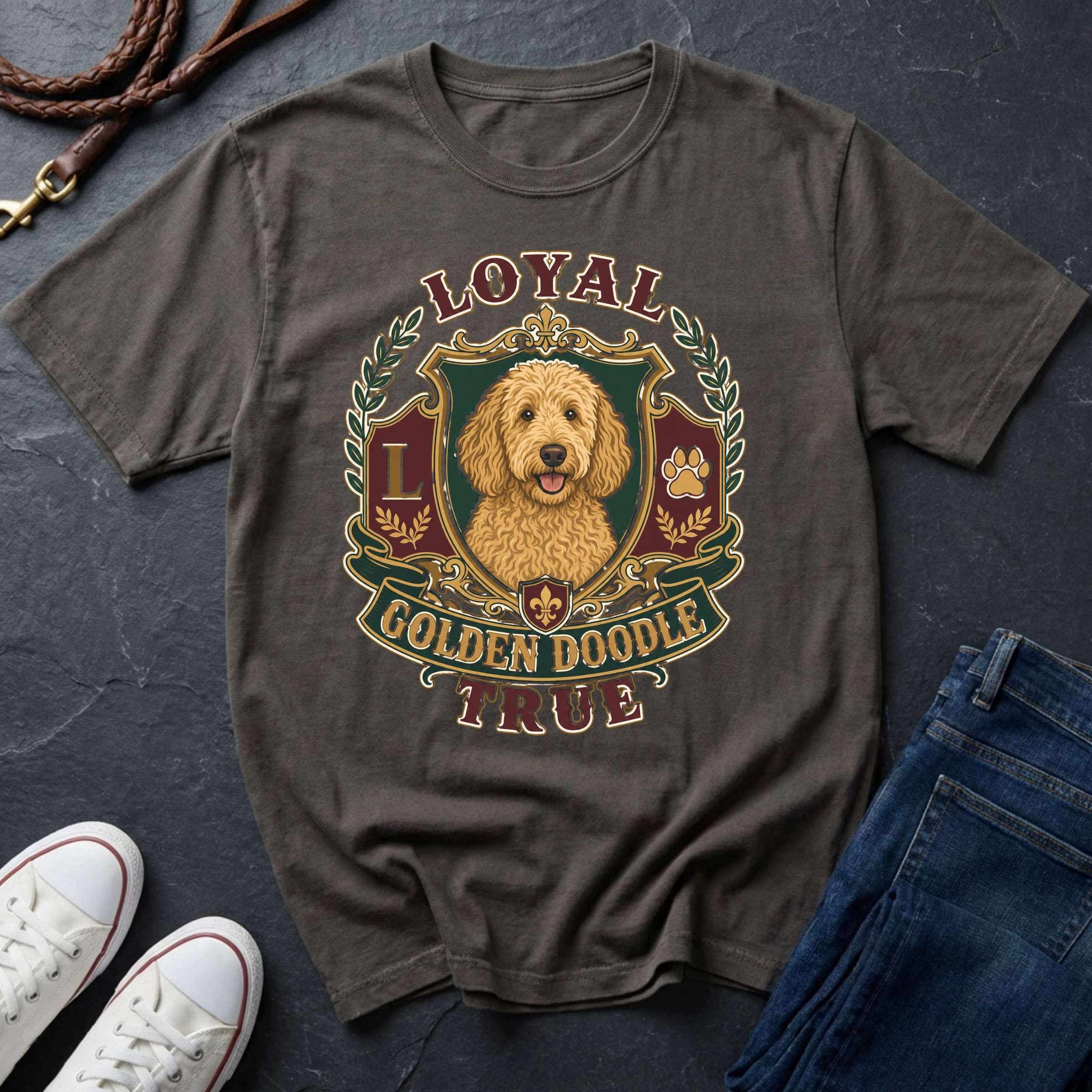 Goldendoodle Heritage Badge t-shirt design featuring a vintage crest portrait of a curly golden-coated Goldendoodle on a grey Comfort Colors tee