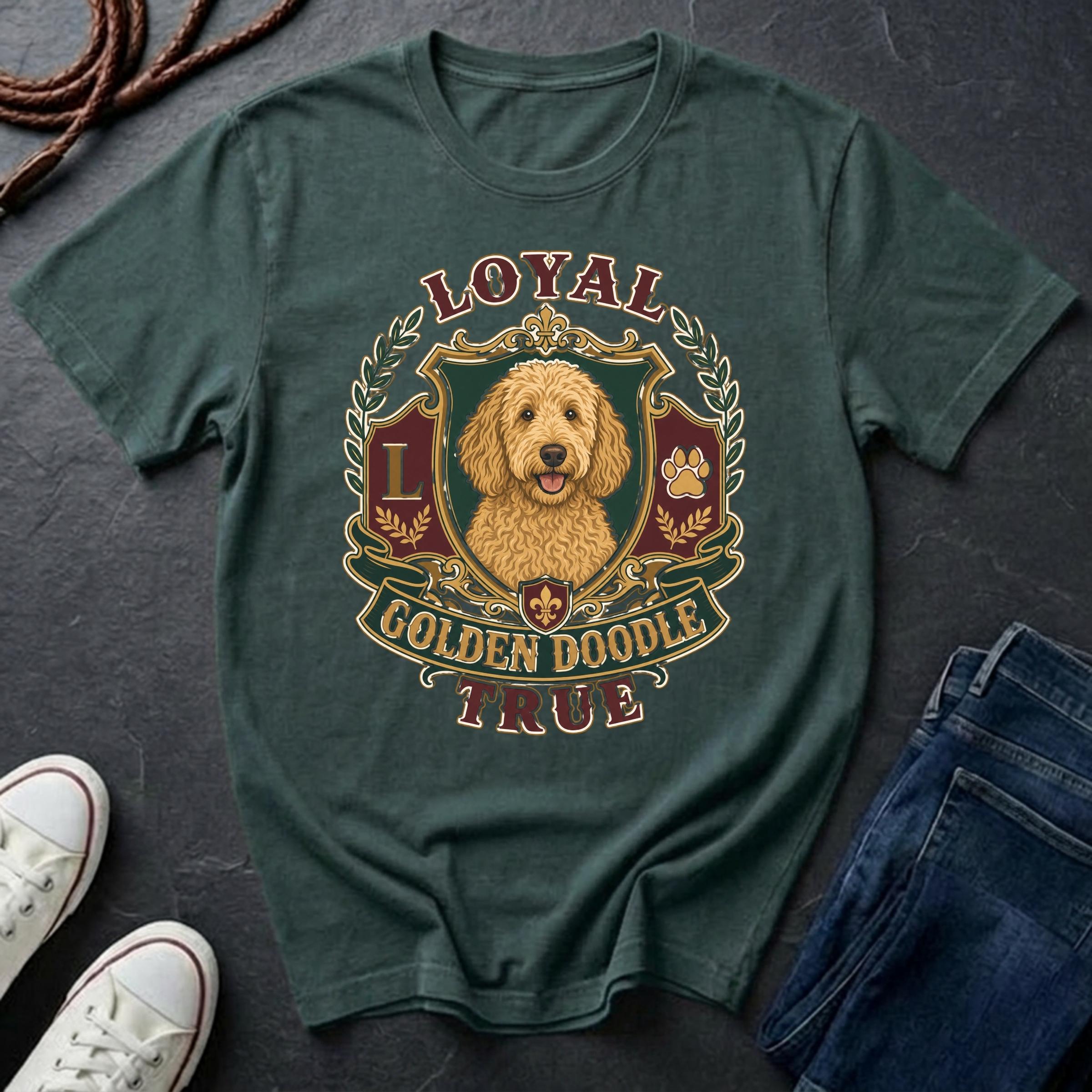 Goldendoodle Heritage Badge t-shirt design featuring a vintage crest portrait of a curly golden-coated Goldendoodle on a blue spruce Comfort Colors tee