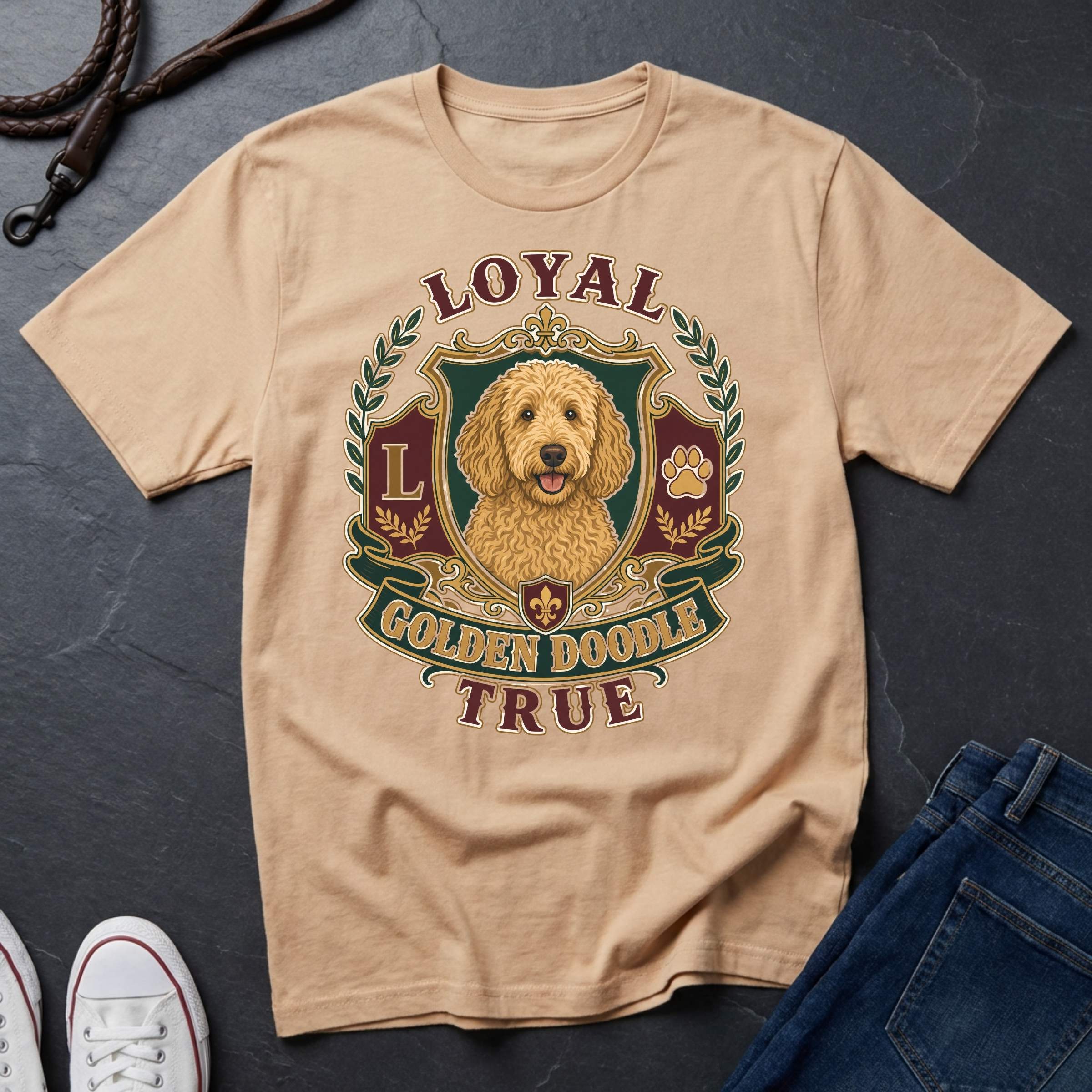 Goldendoodle Heritage Badge t-shirt design featuring a vintage crest portrait of a curly golden-coated Goldendoodle on a ivory Comfort Colors tee