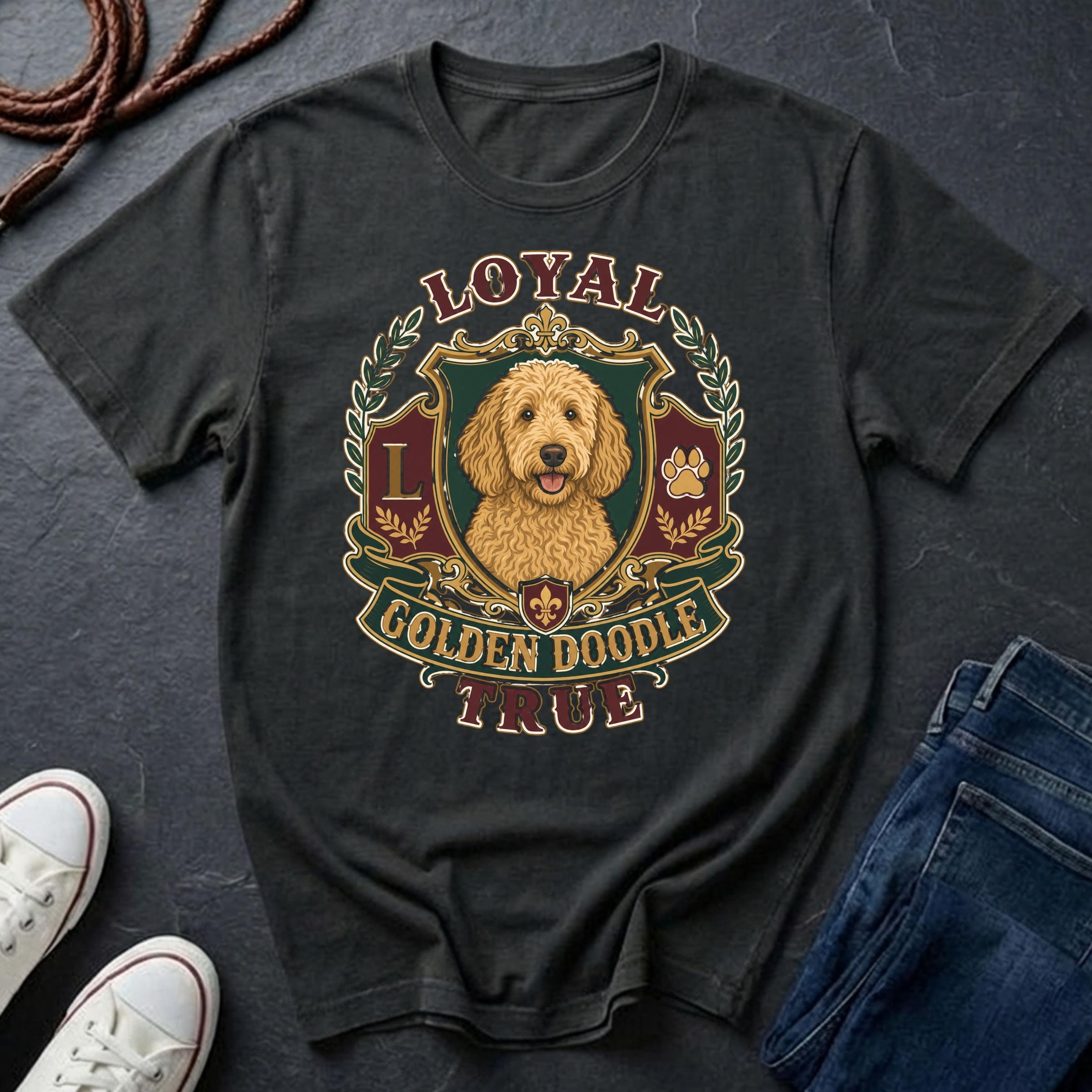 Goldendoodle Heritage Badge t-shirt design featuring a vintage crest portrait of a curly golden-coated Goldendoodle on a black Comfort Colors tee