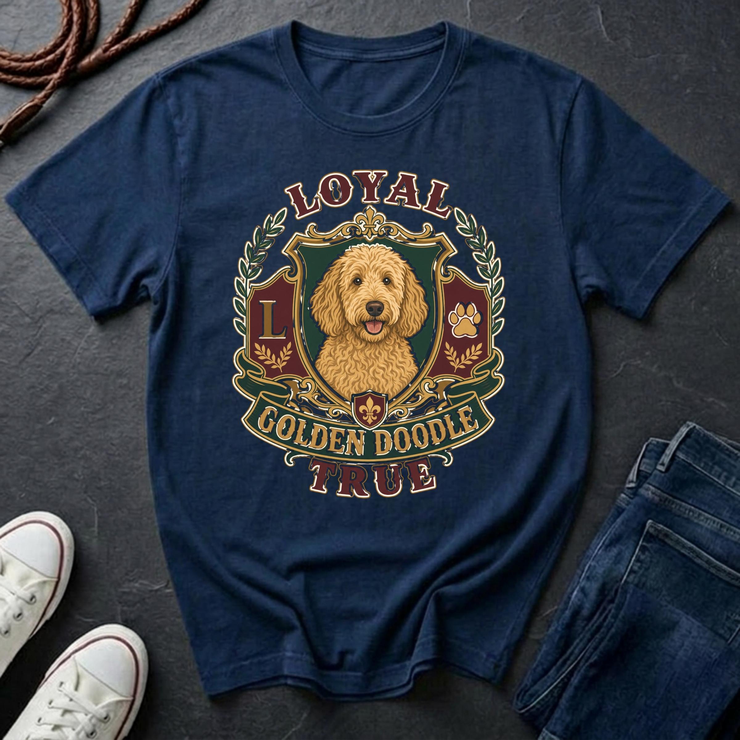 Goldendoodle Heritage Badge t-shirt design featuring a vintage crest portrait of a curly golden-coated Goldendoodle on a navy Comfort Colors tee