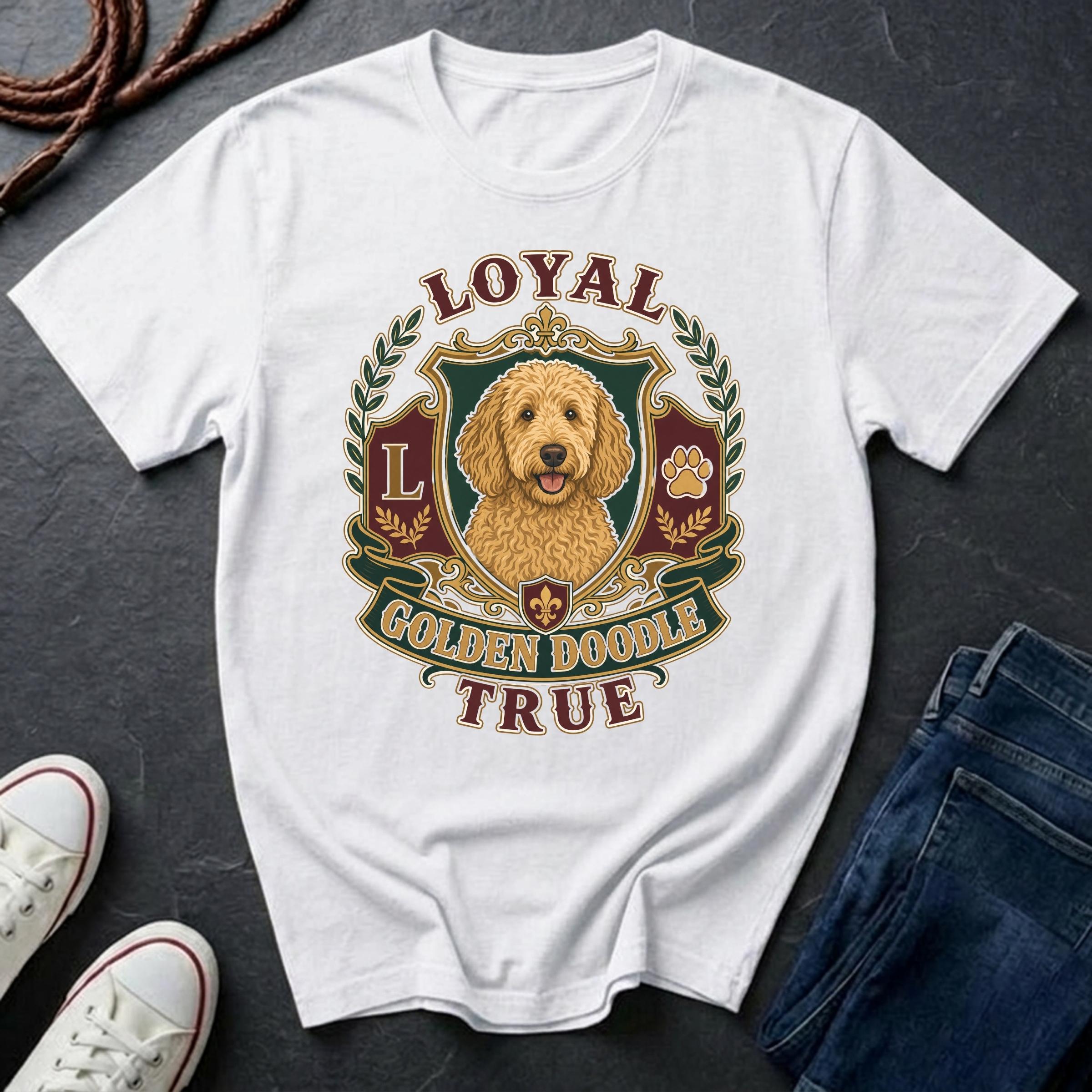 Goldendoodle Heritage Badge t-shirt design featuring a vintage crest portrait of a curly golden-coated Goldendoodle on a white Comfort Colors tee