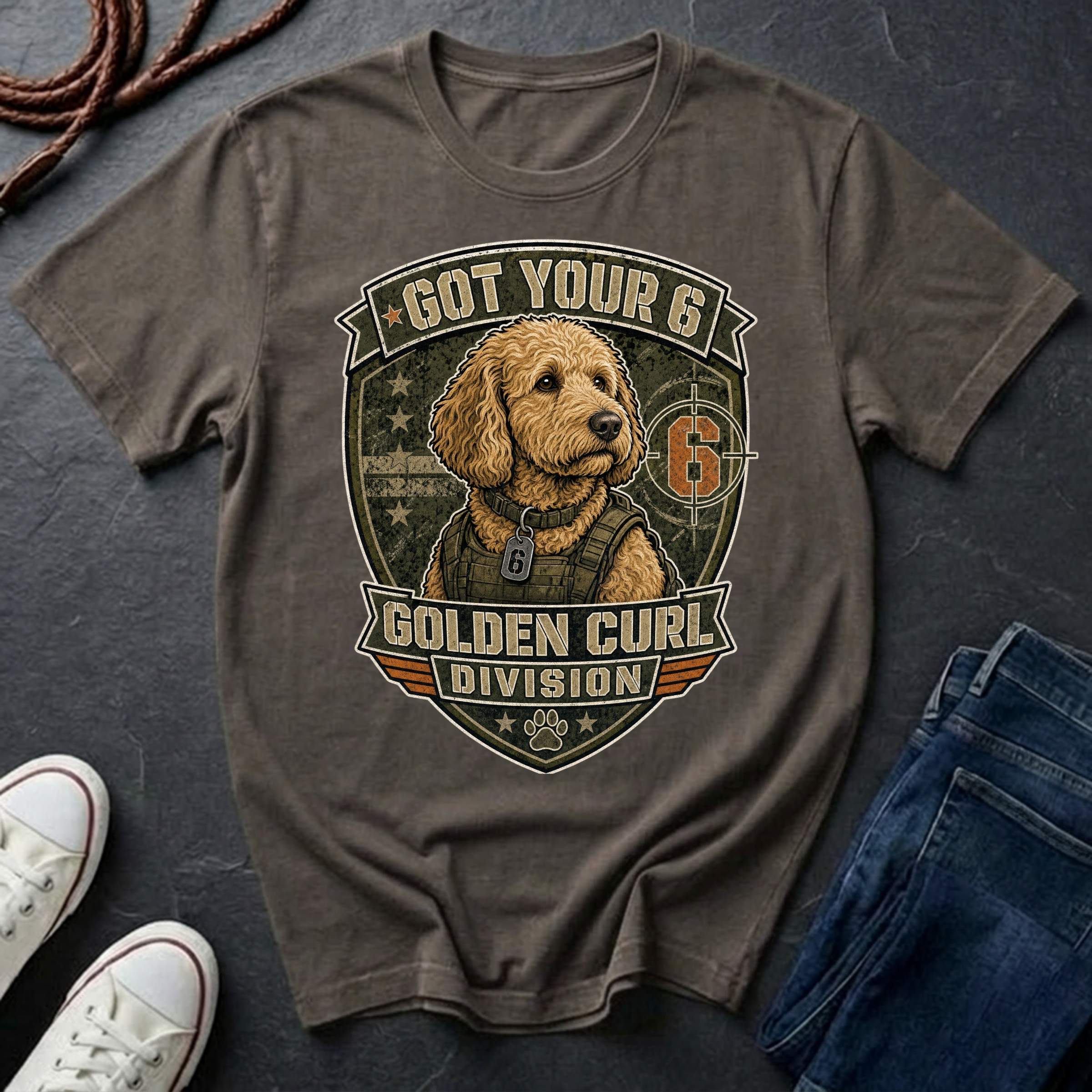 Goldendoodle "Got Your 6" t-shirt design featuring a tactical distressed badge portrait of a Goldendoodle on a grey Comfort Colors tee