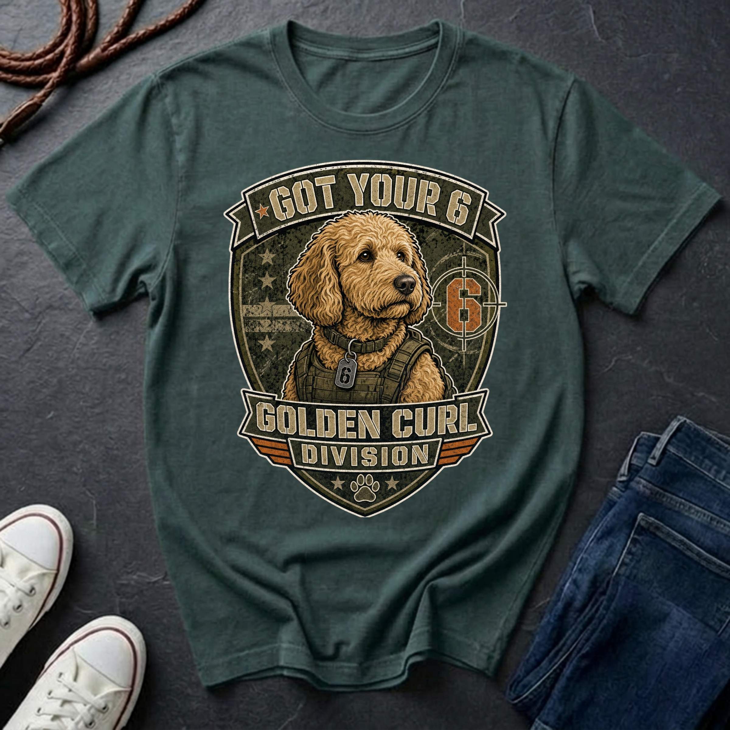 Goldendoodle "Got Your 6" t-shirt design featuring a tactical distressed badge portrait of a Goldendoodle on a blue spruce Comfort Colors tee