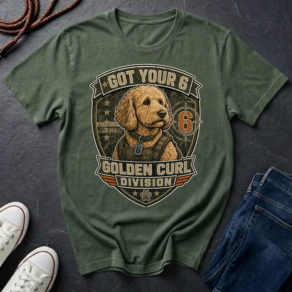 Goldendoodle "Got Your 6" t-shirt design featuring a tactical distressed badge portrait of a Goldendoodle on a bay Comfort Colors tee