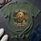 Goldendoodle "Got Your 6" t-shirt design featuring a tactical distressed badge portrait of a Goldendoodle on a bay Comfort Colors tee