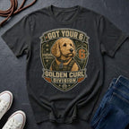 Goldendoodle "Got Your 6" t-shirt design featuring a tactical distressed badge portrait of a Goldendoodle on a black Comfort Colors Tee