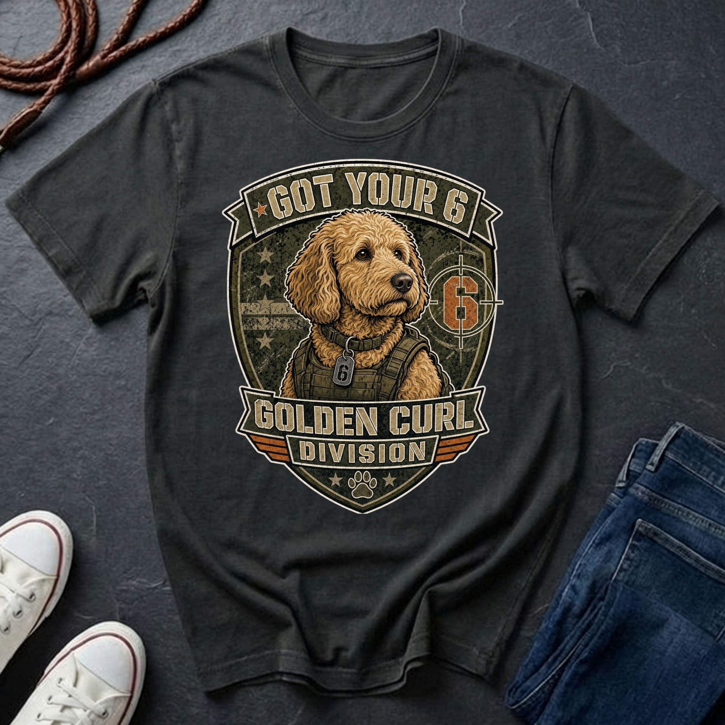 Goldendoodle "Got Your 6" t-shirt design featuring a tactical distressed badge portrait of a Goldendoodle on a black Comfort Colors Tee