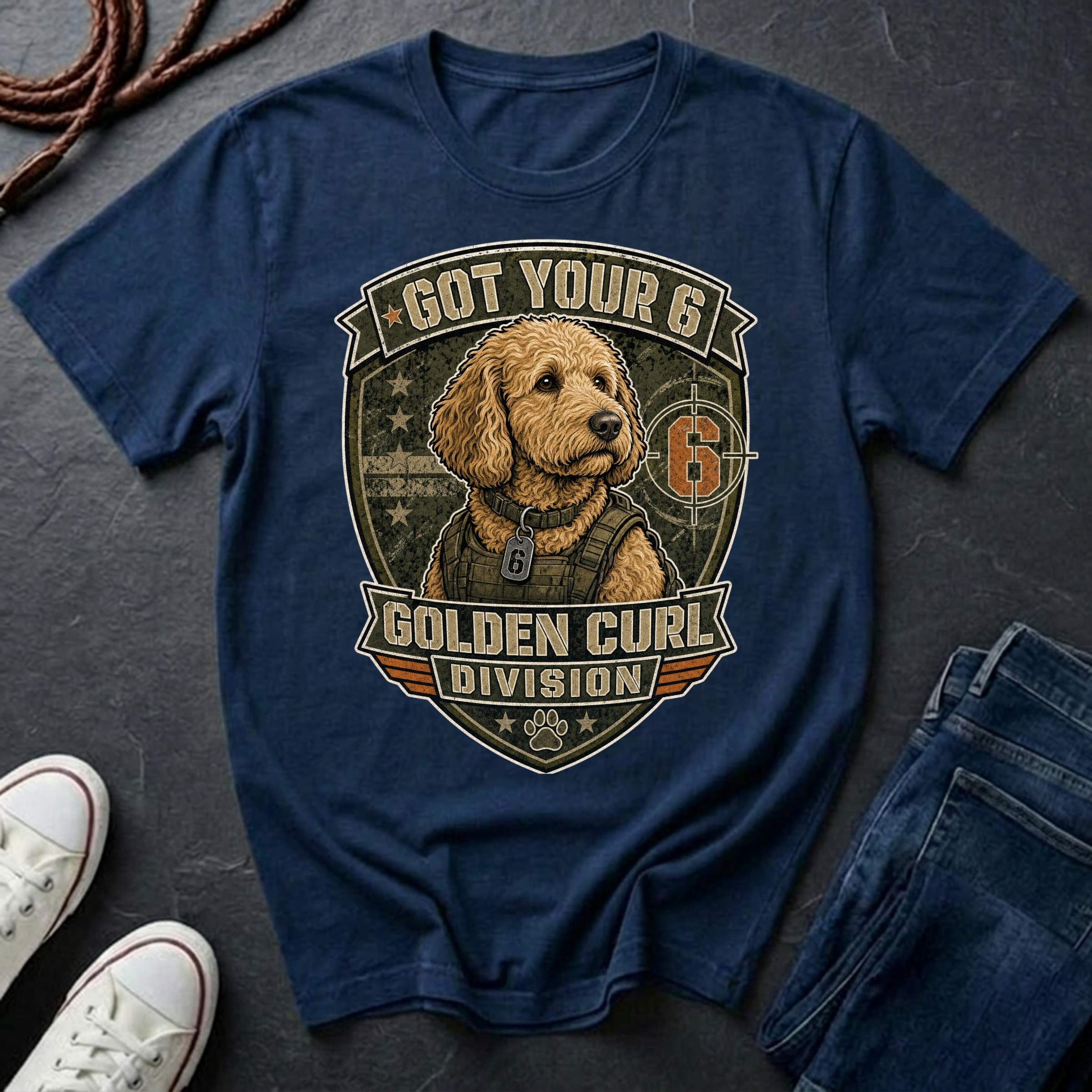 Goldendoodle "Got Your 6" t-shirt design featuring a tactical distressed badge portrait of a Goldendoodle on a navy Comfort Colors tee