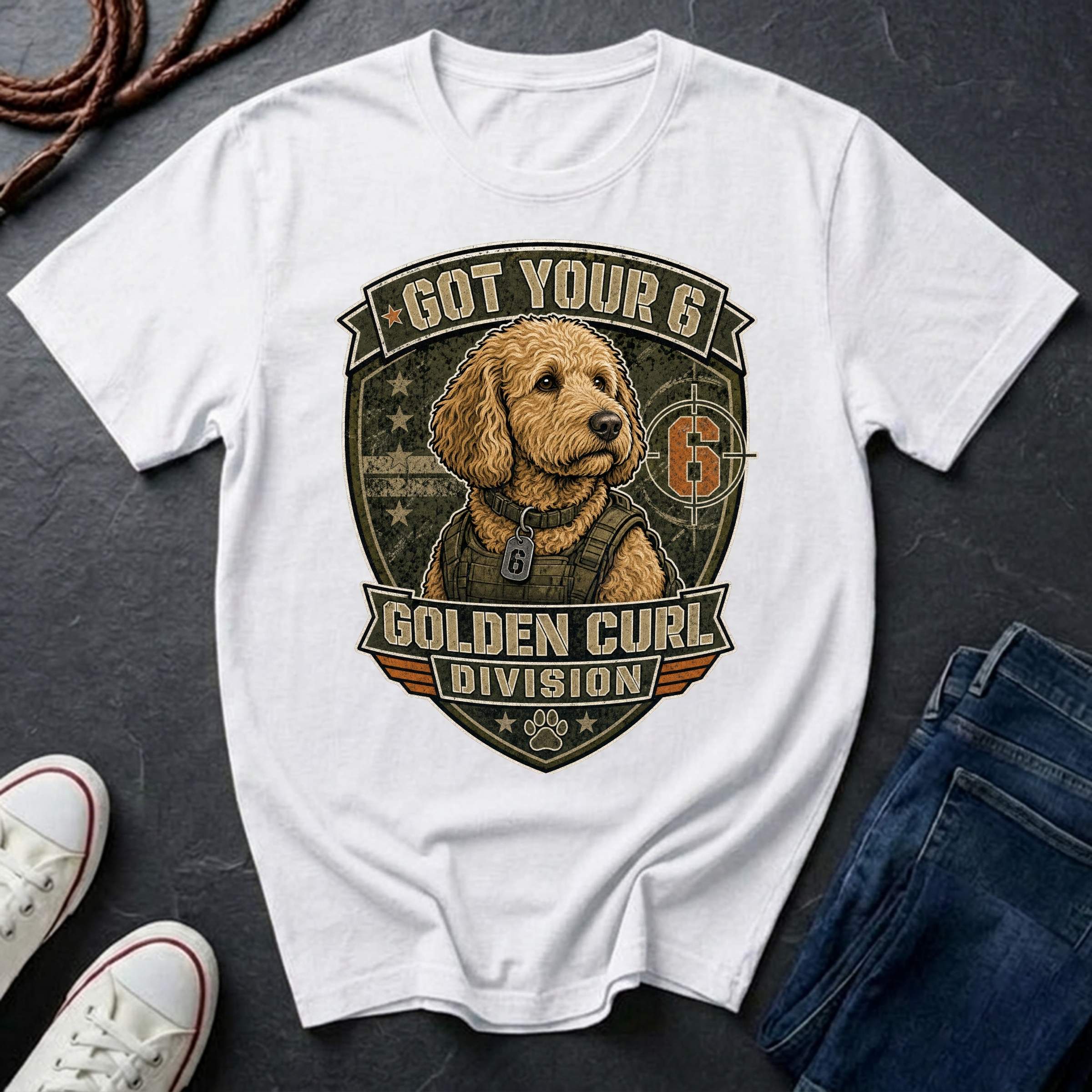 Goldendoodle "Got Your 6" t-shirt design featuring a tactical distressed badge portrait of a Goldendoodle on a white Comfort Colors tee