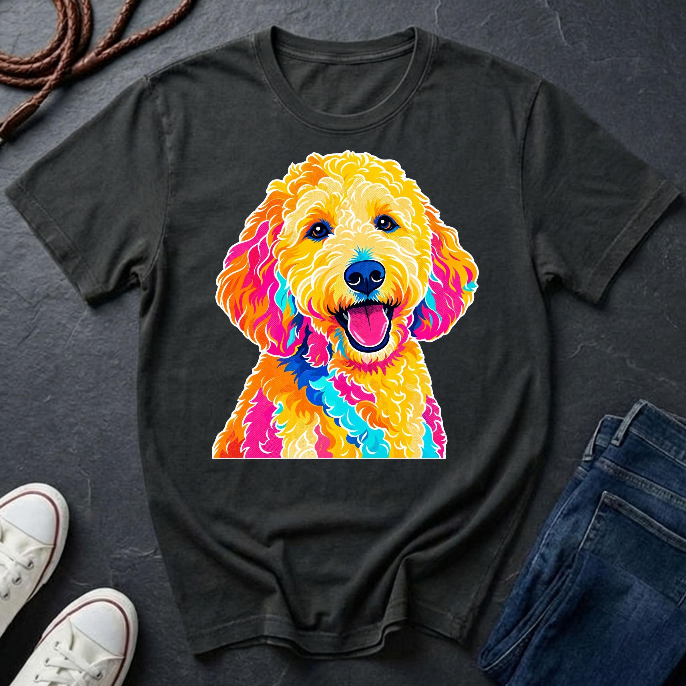 Goldendoodle Heritage Badge t-shirt design featuring a vintage crest portrait of a curly cream Goldendoodle on a black Comfort Colors tee