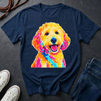 Goldendoodle Heritage Badge t-shirt design featuring a vintage crest portrait of a curly cream Goldendoodle on a navy Comfort Colors tee
