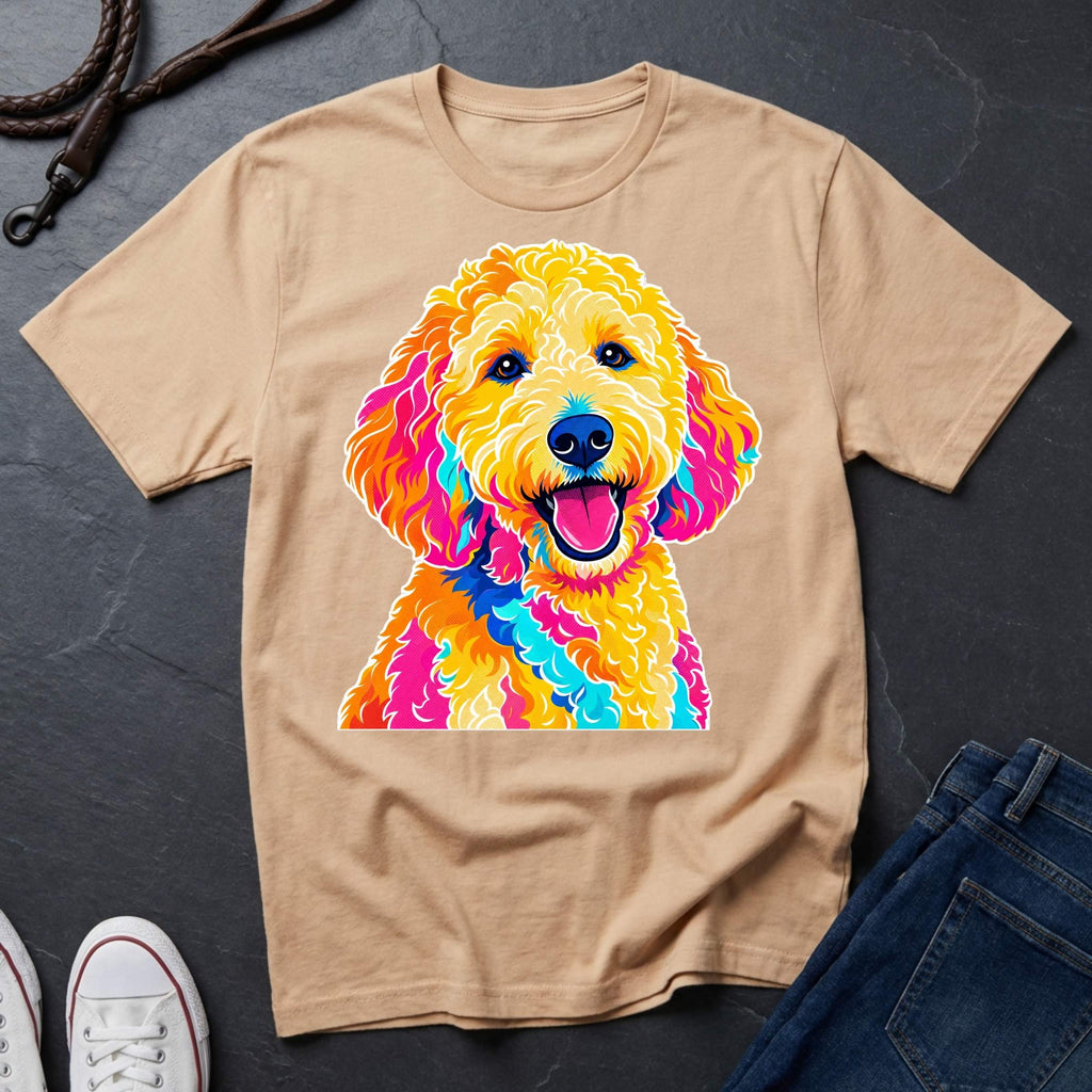 Goldendoodle Heritage Badge t-shirt design featuring a vintage crest portrait of a curly cream Goldendoodle on a ivory Comfort Colors tee