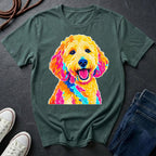 Goldendoodle Heritage Badge t-shirt design featuring a vintage crest portrait of a curly cream Goldendoodle on a blue spruce Comfort Colors tee