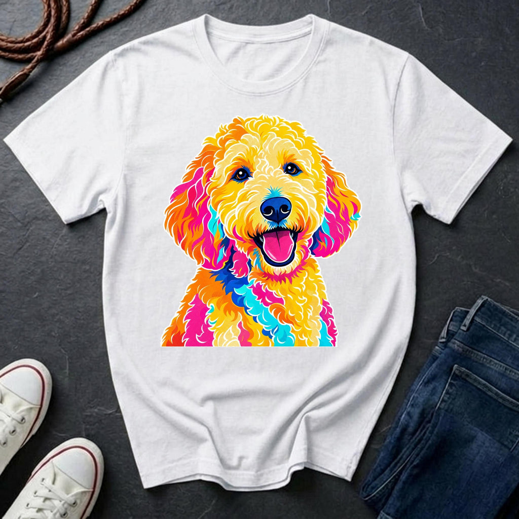 Goldendoodle Heritage Badge t-shirt design featuring a vintage crest portrait of a curly cream Goldendoodle on a white Comfort Colors tee