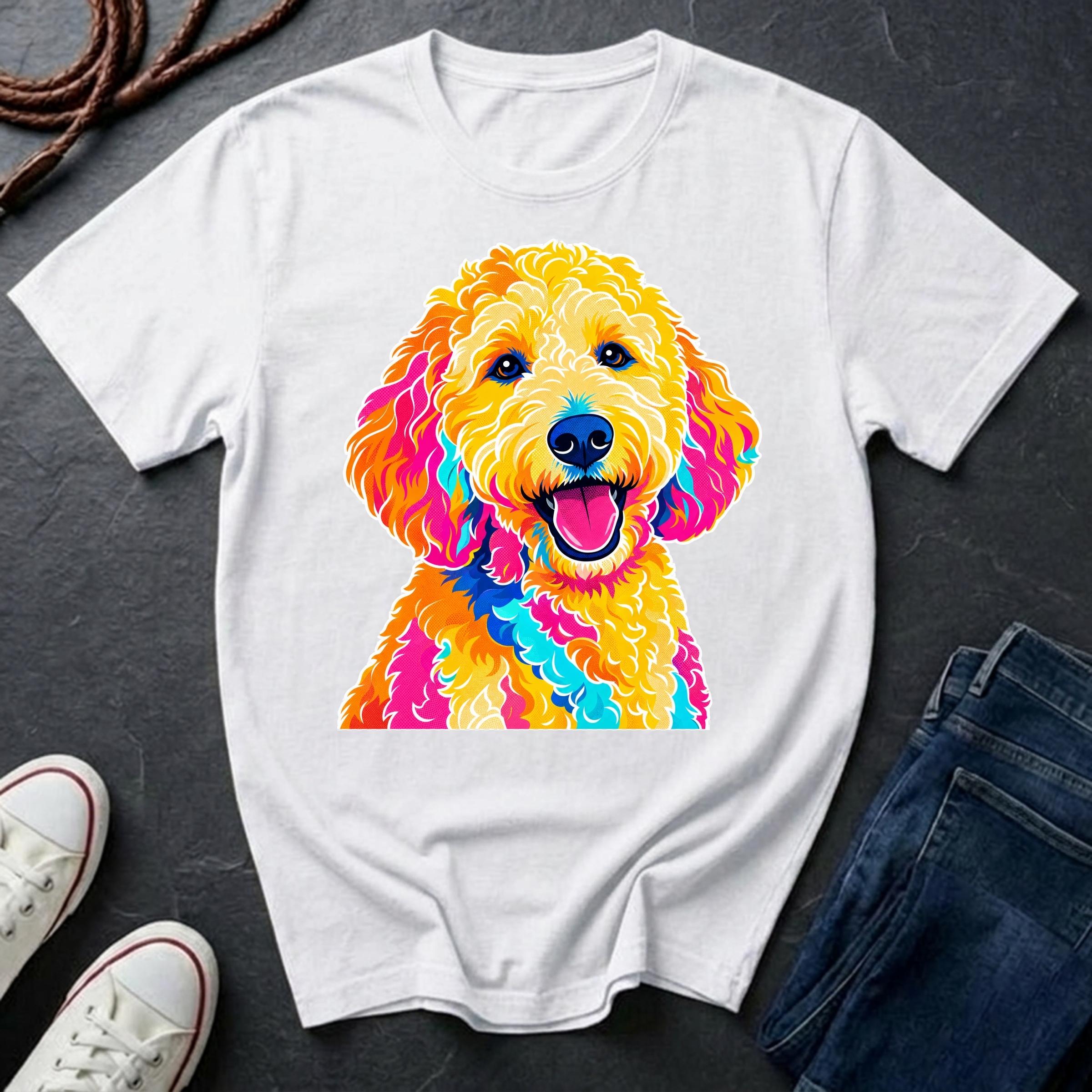 Goldendoodle Heritage Badge t-shirt design featuring a vintage crest portrait of a curly cream Goldendoodle on a white Comfort Colors tee